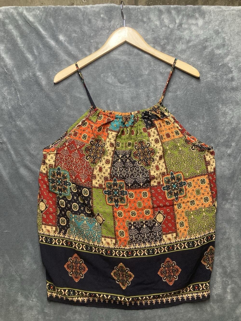 Patchwork Multi-colored Halter Spaghetti Strap Camisole Plus Size 4XL Top Boho